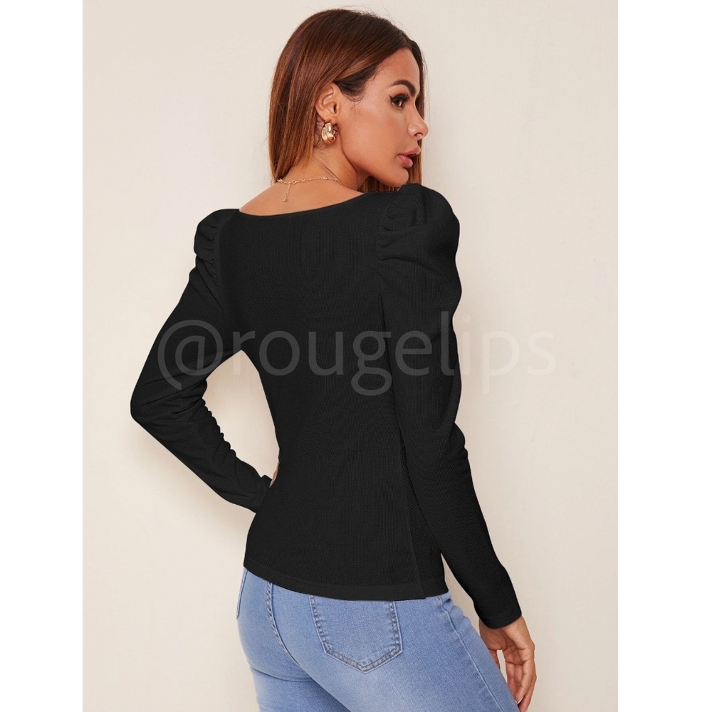 Black Rib Knit Square Neck Puff Long Sleeve Slim Fit Shirt Top - Picture 4 of 6